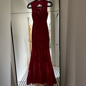 Mac Duggal Prom formal gown 2 red lace gem high neck open back designer